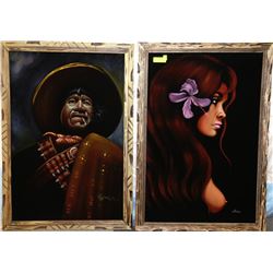 TWO 27"X39" FRAMED VELVET PAINTED PICTURES -MEXICO