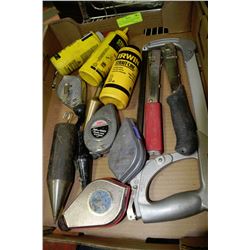 TRAY WITH CHALK LINES, PLUMB BOBS, HAMMER NAILERS,