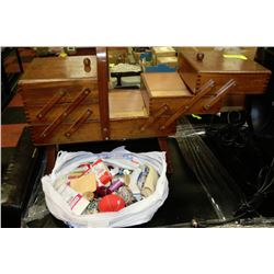 FOLD OUT 4-TIER WOODEN SEWING KIT & CONTENTS