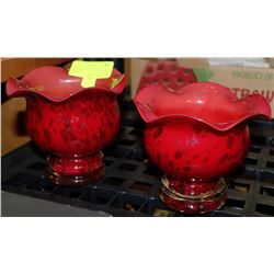 PAIR OF 2 RED ART GLASS FLOWER BOWLS