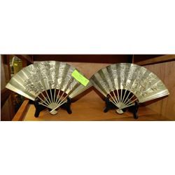 SET OF 2 SOLID BRASS DRAGON FANS WITH STANDS