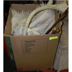 ESTATE BOX OF ASSORTED ORNAMENTS, ANIMAL RUG ETC