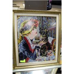 FRAMED & MATTED PETIT POINT LADY & DOG PICTURE