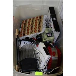 BIN OF MISC ITEMS INCL. NOSTALGIA POPCORN MAKER