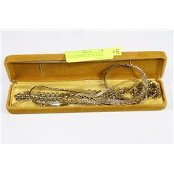 ESTATE JEWELLERY BOX WITH GOLD PLATED CHAINS,