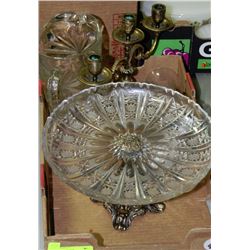 BOX WITH BRASS CANDLE HOLDER, CRYSTAL PLATTER,