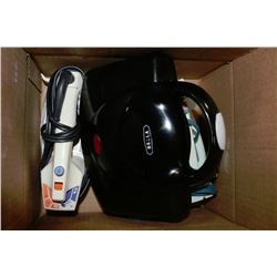 BOX WITH VINTAGE IRONS AND SMALL GRIDDLE