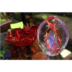 PAIR OF RED ART GLASS BOWL  AND MARINE SCENE PAPER