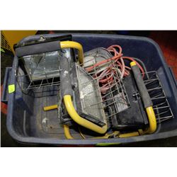 TUB OF 4 JOBSITE HALOGEN  WORK LIGHTS & A STANDARD