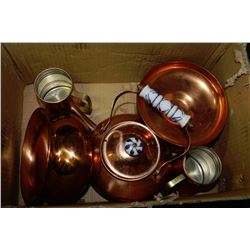 BOX OF COPPER COFFEE POT,TANKARDS CANDYDISH & BOWL