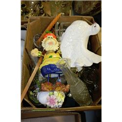 BOX OF ASSORTED ORNAMENTS, GLASSES &