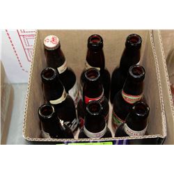 BOX OF 9 DIFFERENT LABEL VINTAGE BEER BOTTLES