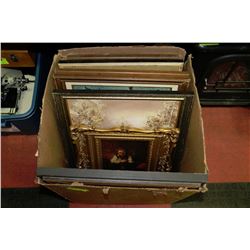 LARGE ESTATE BOX FULL OF FRAMED PRINTS AND OIL ON