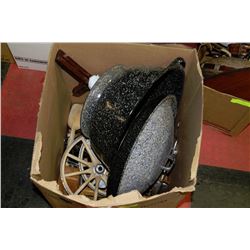 ESTATE LARGE BOX OF ENAMELWARE AND ASST. MISC