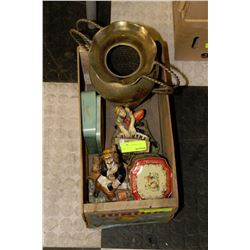 ESTATE PEAR CRATE WITH ASST. ORNAMENTS + TINS