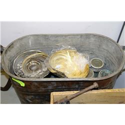 ESTATE TIN BUCKET WITH OLD JARS, IRON ETC