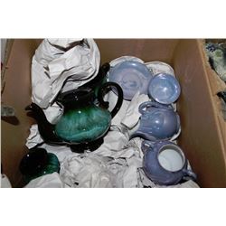 ESTATE BOX WITH BLUE MOUNTAIN POTTERY AND CHINA