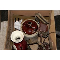 ESTATE BOX WITH HANDPAINTED VASE. LIQUOR JUG,