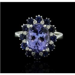 14KT White Gold 4.45ct Tanzanite, Sapphire and Diamond Ring