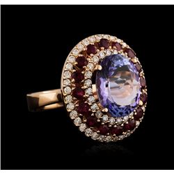 14KT Rose Gold 6.61ct Tanzanite, Ruby and Diamond Ring