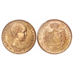 Spain, gold restrike 20 pesetas, Alfonso XIII 1887-PGV (19-62 inside stars), encapsulated PCGS MS66.