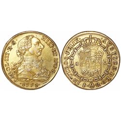 Gilt platinum contemporary counterfeit of a bust 8 escudos of Charles III, 1771, fantasy mintmark an