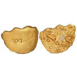 Irregular gold "splash" ingot, 267 grams, marked with fineness XXI (21K), from the 1715 Fleet, ex-Bo