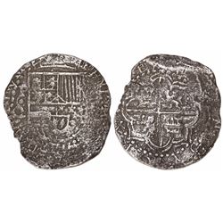 Potosi, Bolivia, cob 8 reales, Philip III, assayer Q/C, rare variety with P•Q over P-C.