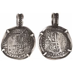 Potosi, Bolivia, cob 8 reales, Philip III, assayer T, Grade 3, mounted in silver pendant-bezel, with