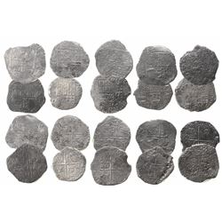 Lot of 10 Potosi, Bolivia, cob 8 reales, Philip II and III, various assayers (where visible), all Gr