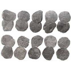 Lot of 10 Potosi, Bolivia, cob 8 reales, Philip II and III, various assayers (where visible), all Gr
