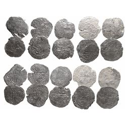 Lot of 10 Potosi, Bolivia, cob 8 reales, Philip II and III, various assayers (where visible), all Gr