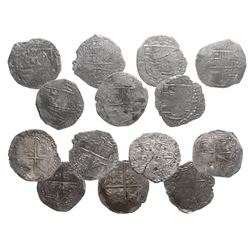 Lot of 7 Potosi, Bolivia, cob 8 reales, Philip III, assayers not visible, Grade 3.