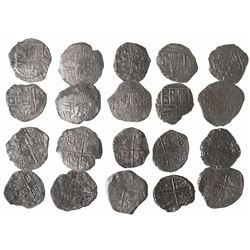 Lot of 10 Potosi, Bolivia, cob 4 reales, Philip II and III, various assayers (where visible), all Gr