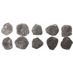Lot of 5 Potosi, Bolivia, cob 4 reales, Philip III, assayers not visible, Grade 3.