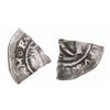 Image 1 : Quarter cut of a Lima, Peru, 1/2 real, Philip II, assayer R (Rincon) to left.