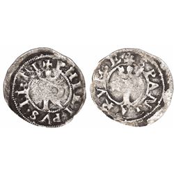 Lima, Peru, cob 1/4 real, Philip II, assayer R (Rincon) to left, rare.