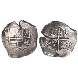 Potosi, Bolivia, cob 4 reales, (1650-1)O, with crowned-L countermark on cross, rare.