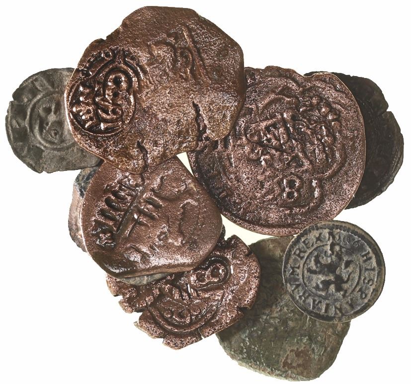 Lot of 10 Spanish copper cobs and medieval billon coins, including one