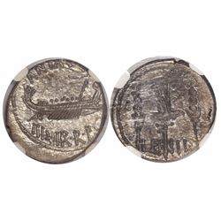 Roman Imperatorial, AR legionary denarius, Marc Antony, 32-31 BC, encapsulated NGC Ch AU, strike 4/5