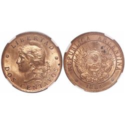 Argentina, copper 2 centavos, 1884, 4 tilted left, encapsulated NGC MS 64 RB, finest known in NGC ce