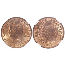 Argentina, copper 2 centavos, 1888, high final 8, encapsulated NGC MS 62 RB.