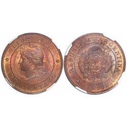 Argentina, copper 1 centavo, 1885, encapsulated NGC MS 64 RB, tied for finest known in NGC census.