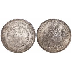 Azores, 1200 reis, crowned-GP countermark (1887) on a Bahia, Brazil (Empire), 960 reis, Pedro I, 182