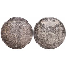 Potosi, Bolivia, pillar 8 reales, Charles III, 1770JR, • after king's name, encapsulated NGC XF 45.