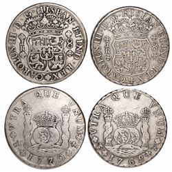 Lot of 2 Potosi, Bolivia, pillar 8 reales, Charles III, 1769JR (round 9 over fancy 9) and 1770JR.