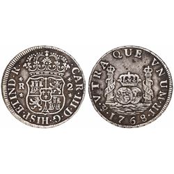 Potosi, Bolivia, pillar 2 reales, Charles III, 1768JR.