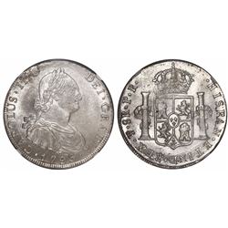 Potosí, Bolivia, bust 8 reales, Charles IV, 1793PR, encapsulated NGC MS 63, finest known in NGC cens