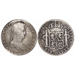 Potosi, Bolivia, bust 8 reales, Ferdinand VII, 1824J, rare.