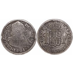Potosi, Bolivia, bust 2 reales, Charles IV, 1801PP, unique error or trial strike.